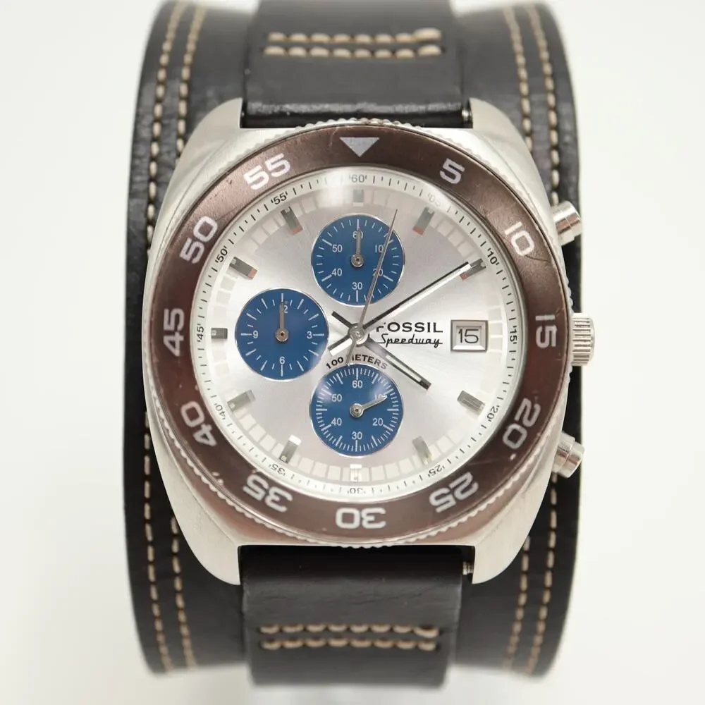 Fossil Speedway Chronograph 40mm Watch Brown Bezel Blue Sub Black Leather CH2337